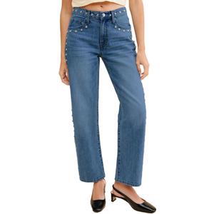 D-Sun Women's Mid Rise Straight Leg Jeans Studded Wide Leg Casual Jeans Rivet Stretchy Baggy Denim Pants (Blue)