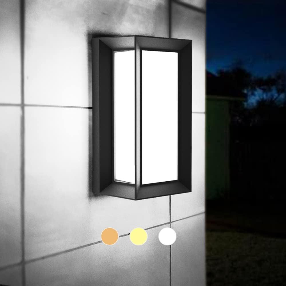 Outdoor Wall-Porch-Light, Modern Exterior LED Wall Sconce,24W-Led Matte Black Exterior Wall Fixtures,Mounted Wall Patio Lamps,3-Color-Changeable for Garage Walkway Backyard Garden (3CCT-Rectangle-1Pcs)