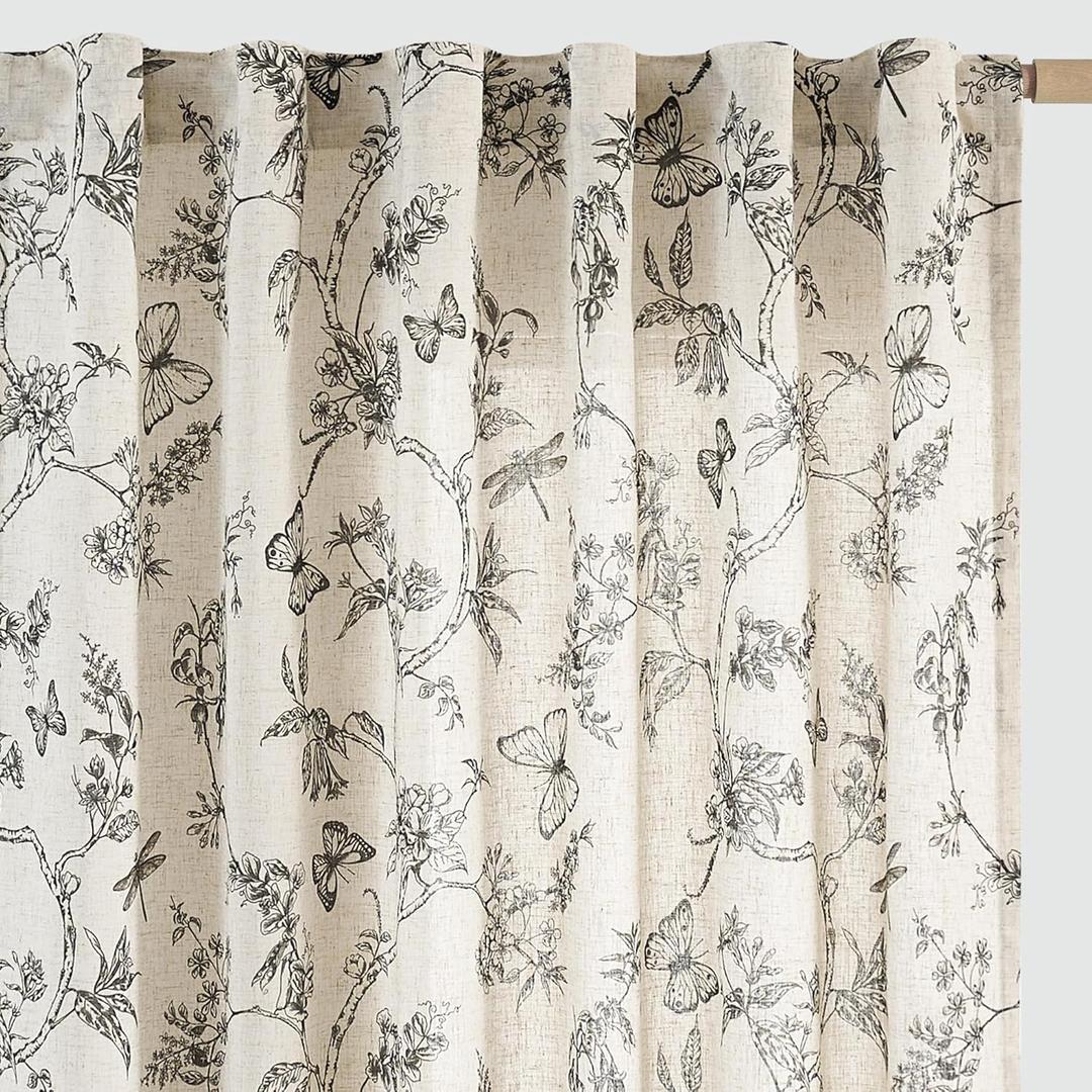 jinchan Floral Linen Curtains for Living Room 84 Inch Length Printed Toile Curtain Black Light Filtering French Country Farmhouse Curtain Flower Patterned Drapes Bedroom Back Tab Rod Pocket 2 Panels