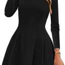 PRETTYGARDEN Long Sleeve Mini Dress for Women 2026 Spring Crewneck Knit Pleated Babydoll A Line Casual Short Party Dresses, Size S, Black