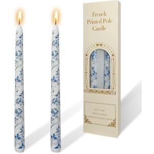 Blue and White Porcelain Taper Candles 10 inch - 2 Pack Peony Pattern Printed Smokeless, Unscented Tall Candlesticks Perfect for Home Decor, Weddings, and Special Occasions
