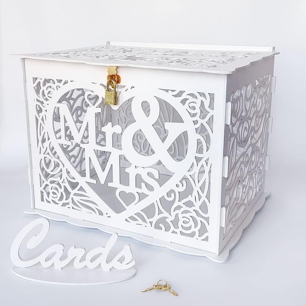 Jolik Wedding Money Box Holder with Sign, Large Rustic Wood Wooden DIY Envelop Gift Card Shadow Boxes with Lock Slot for Reception Anniversary Graduation Birthday Party Parties (Mr & Mrs, White) Jolik Wedding Money Box Holder with Sign, Large Rustic Wood Wooden DIY Envelop Gift Card Shadow Boxes with Lock Slot for Reception Anniversary Graduation Birthday Party Parties (Mr & Mrs, White)