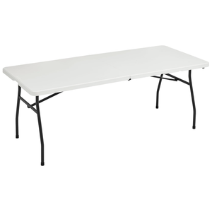 Amazon Basics Heavy Duty Portable Folding Table, 6 ft, Indoor & Outdoor, Fold-in-Half Design with Carrying Handle, White