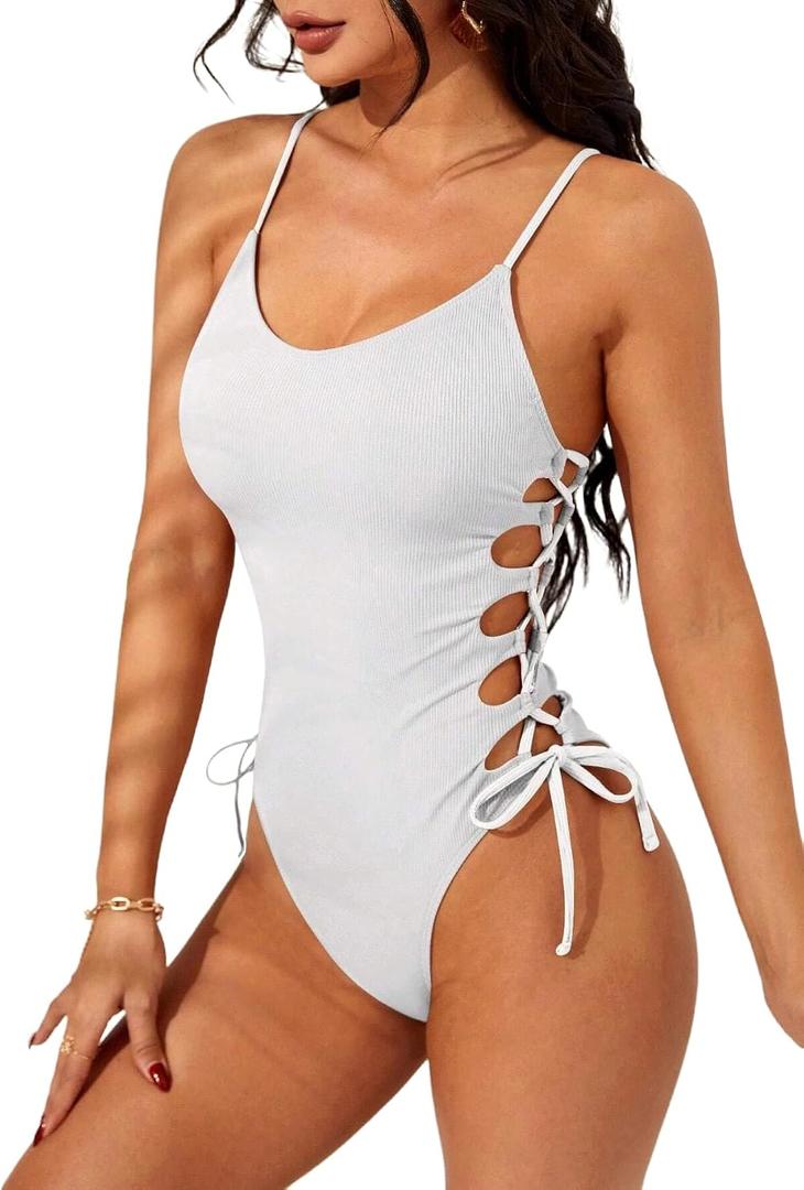 Narecte One Piece Swimsuit Women Bathing Suit Sexy High Cut Women's One-Piece Swimsuits Monokini One Piece Bathing Suit White XL