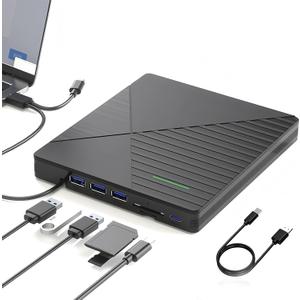 External CD DVD Drive with 3 USB Ports and 2 TF/ SD Card Slots, USB 3.0 Portable CD/ DVD Optical Disk Drive Player Burner Reader Writer for MacBook Pro Air iMac Laptop PC Windows 11/ 10/ 8/ 7 Linux Mac OS