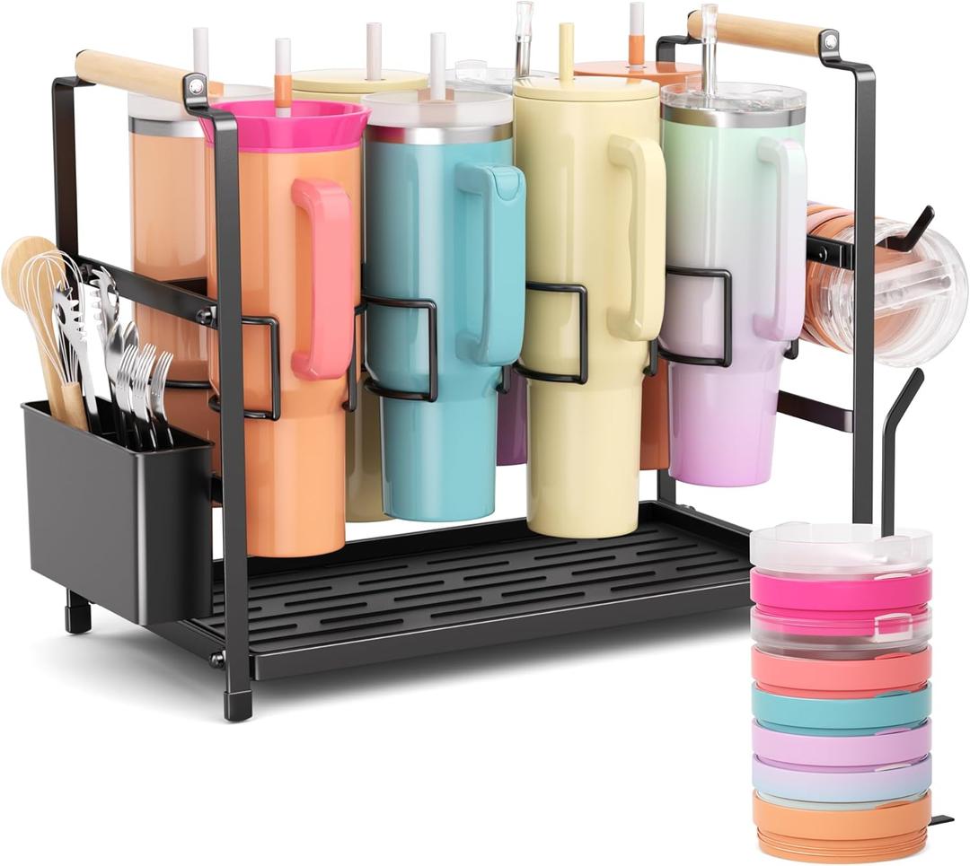 Tumbler Water Bottle Organizer for 40 oz Tumbler with Handle, 2 in 1 Multi-Functional Stanley Cup Storage Holder, Stanley Cup Stand Organizer Drying Rack for Kitchen Cabinets Organizer, 8 Slots