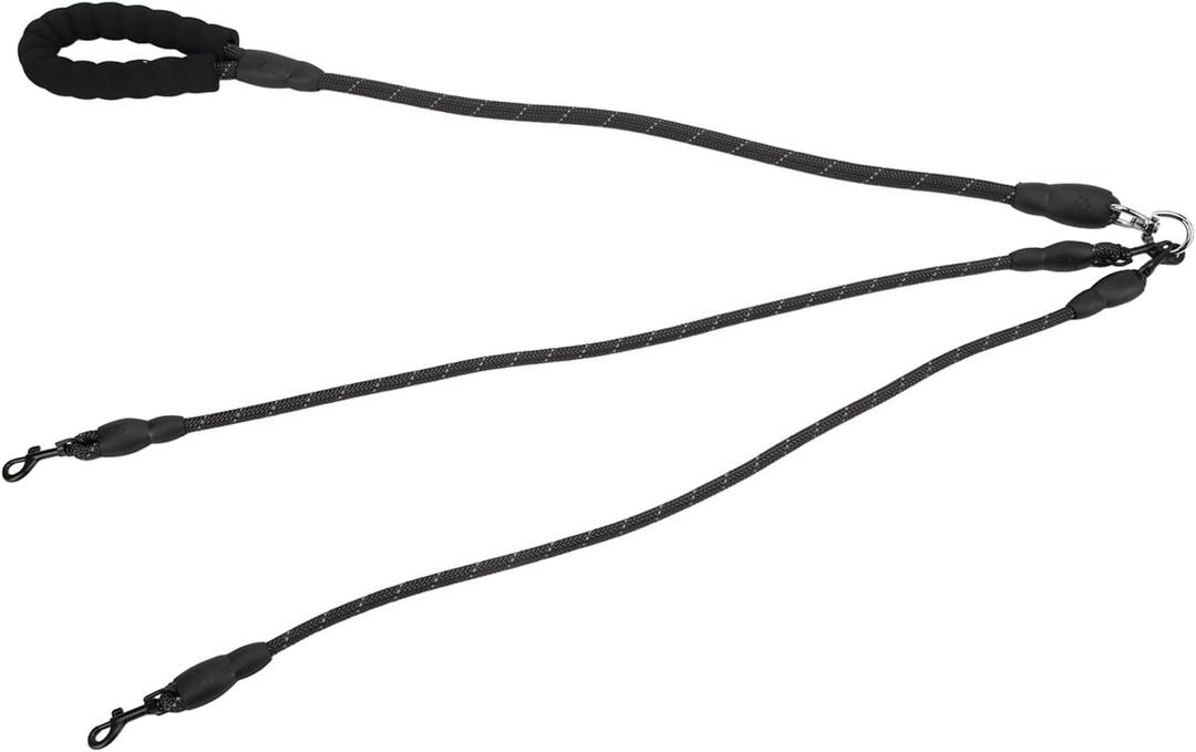 Reflective Dog Leash with 360 Rotation | Twist - Avoidant Hands Unrestrained Leash for Two Dogs | Comfortable Foam Handle for Hiking/Camping/Beach Walking (2 Heads) (Black)