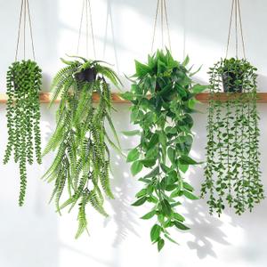 Der Rose 4Pcs Fake Plants Hanging Artificial Ivy Vine Faux Eucalyptus Hanging Plants, Boston Fern, String of Pearls for Living Room Aesthetic Bedroom Boho Kitche Wall Shelf Indoor Outdoor Decor (Black Pots-4pcs Green)