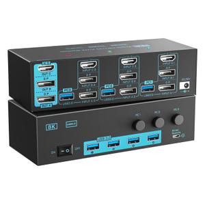 8K/4K KVM Switch 3 Monitors 3 Computers Triple Monitor 3 Port 2 Displayport 1.4 and HDMI 2.1 USB 3.0 KVM Switches, DP 1.4 Supports 8K@30Hz/4K@144Hz, HDMI Supports 8K@60Hz /4K@120Hz with Wired Remote (Black)