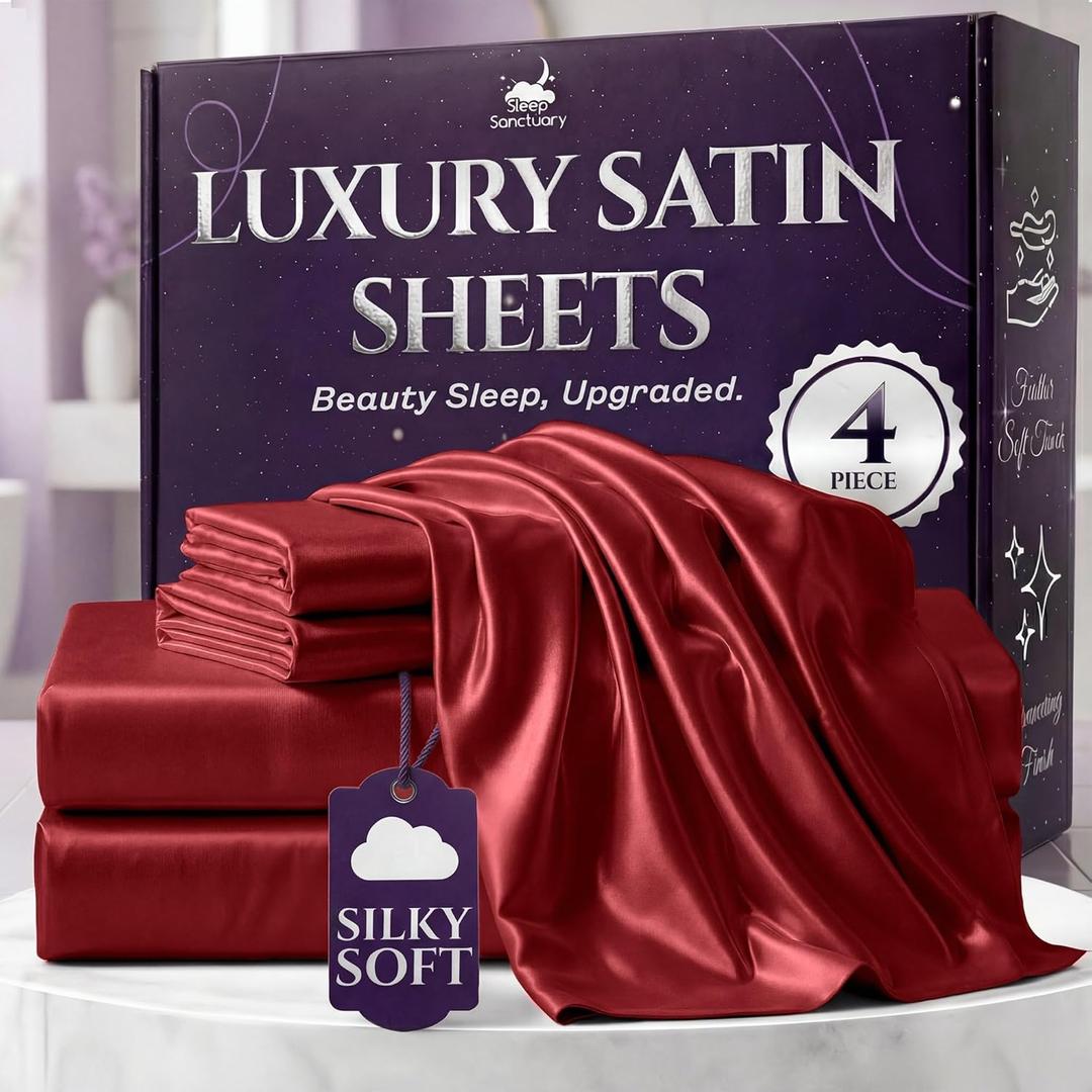 SLEEP SANCTUARY Satin Sheets King Size  4 Piece Luxury Silky Bed Set, Softer Than Silk, 15" Deep Pocket, Cooling & Wrinkle-Free, Moisture-Wicking & Breathable for Hair & Skin (Red)