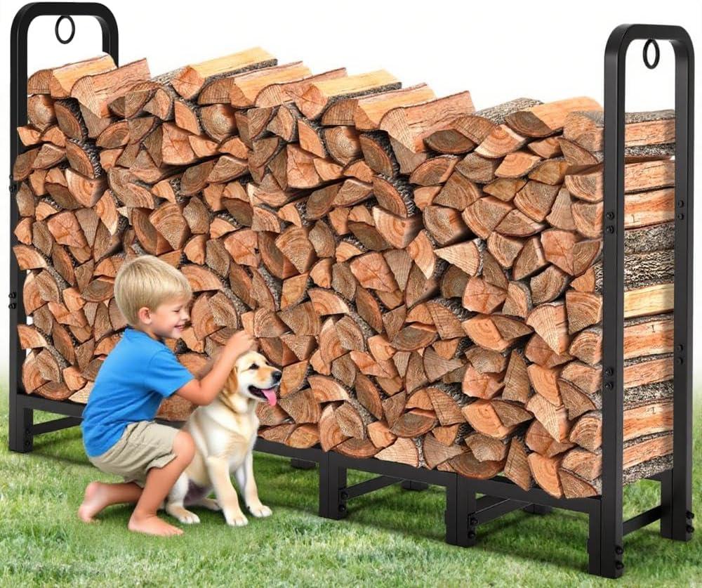 Amagabeli 6ft Firewood Rack Outdoor Heavy Duty Fire Wood Rack Log Holder Organizer Stand for Fireplace Indoor Adjustable Metal Wood Pile Lumber Storage Organizer Stacker for Patio Porch Black