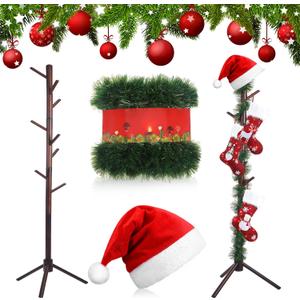 70 Inch Christmas Stocking Holder Stand Freestanding Wooden Stocking Holder Rack with 8 Hooks Christmas Stocking Hangers with Artificial Christmas Garland and Santa Hat for Xmas Holiday Home