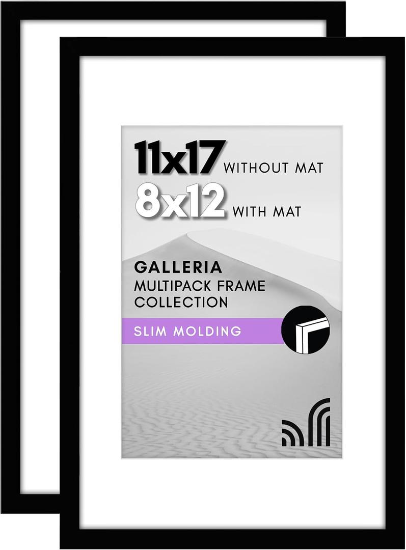 Americanflat 11x17 Picture Frame with Polished Plexiglass - Set of 2 - Use as 8x12 Frame with Mat or Display 11x17 Photo Without Mat - Galleria Collection - Picture Frames for Wall Display - Black
