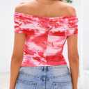 PRETTYGARDEN Women's Off The Shoulder Short Sleeve Ruched Slim Fit Blouse (Pink, S)