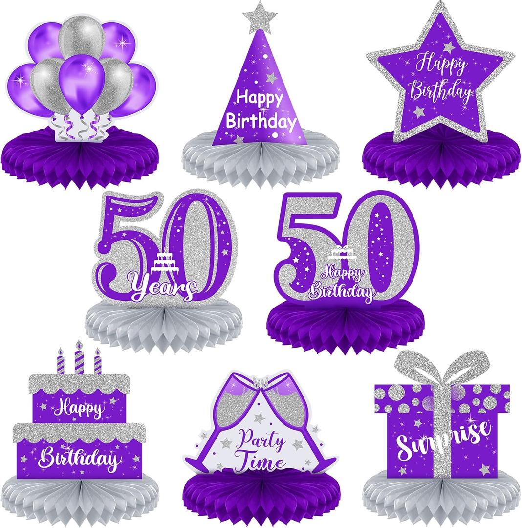 Ferraycle 8 Pcs 50th Birthday Decorations Honeycomb Centerpieces for Women Men Purple Silver Vintage 50th Birthday Party Table Decorations Honeycomb Table Topper for Anniversary Decorations gifts