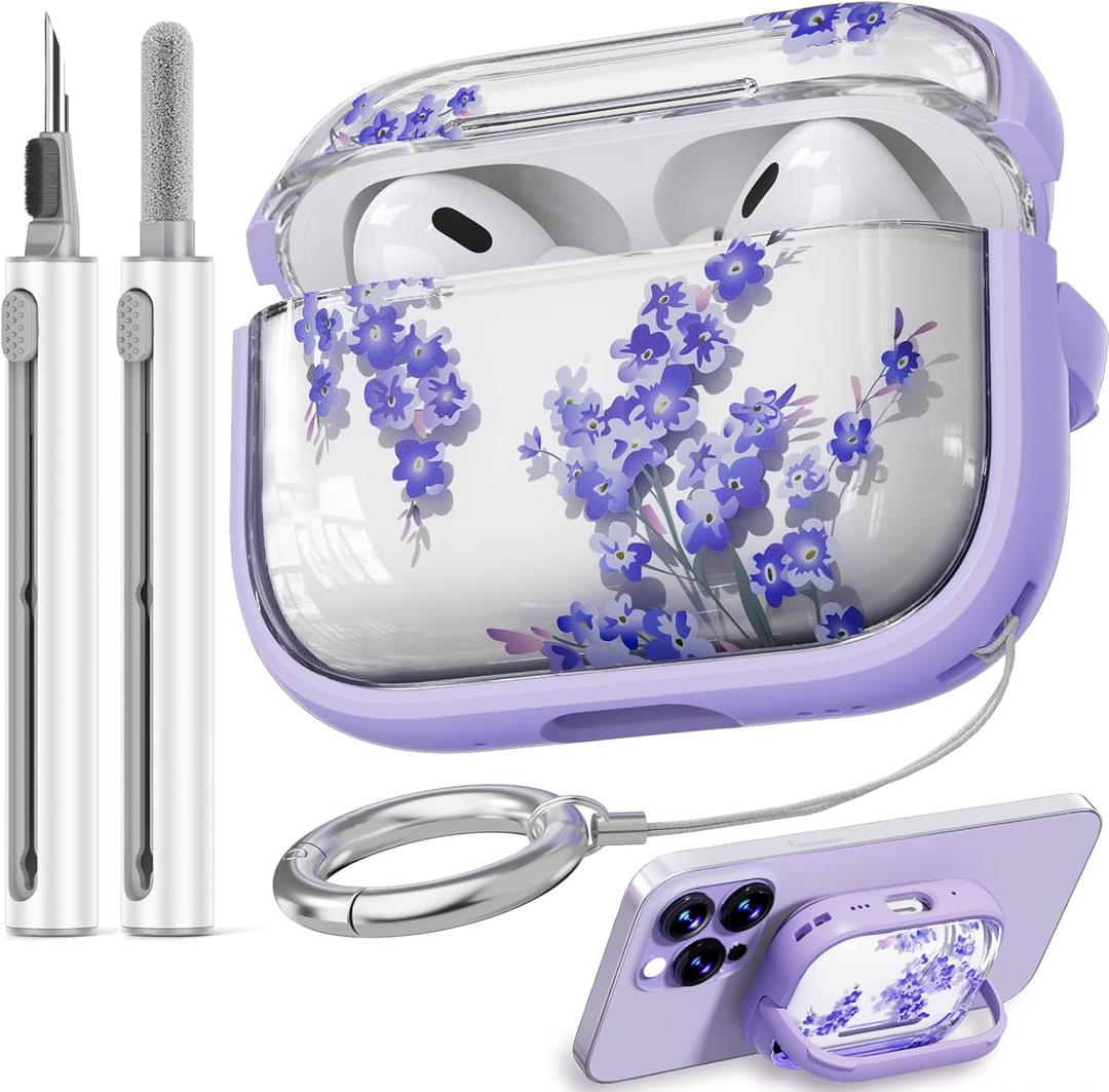 Inesore for AirPods Pro 2nd Generation Case Cover with Lock, Flowers Cute AirPod Pro 2 Case Hard iPod Pro Cases for Women Girls with Cleaner Kit for AirPod Pro Cases (2023 USB-C /2022/2019) - Purple