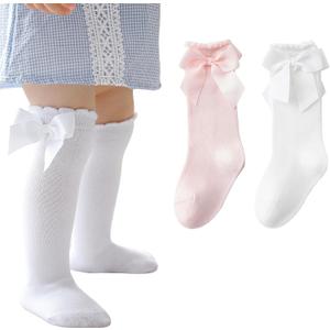 Baby Girls Socks Knee High Socks With Bow Infants Toddlers Stockings School Uniform Dress Socks, 6-12 Months, White/Pink_2 Pairs