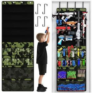 Mefirt Over the Door Organizer for Toy Guns, Toy Gun Storage Organizer with Pockets and Slots for Kids Foam Blasters, Darts, Goggles, Over Door Toy Storage Hanger for Kids Rooms, Game Rooms, Green