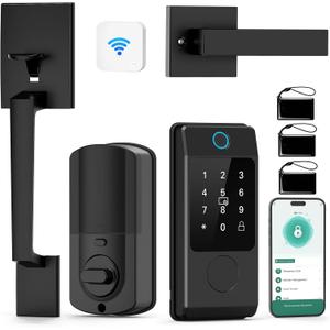 WiFi Front Door Lock Set - Miuedo Keyless Entry Door Locks Handle Set, Fingerprint Smart Alexa Keypad- Smart Deadbolt Lock with Handle Latch - WiFi Access Bluetooth APP-Black