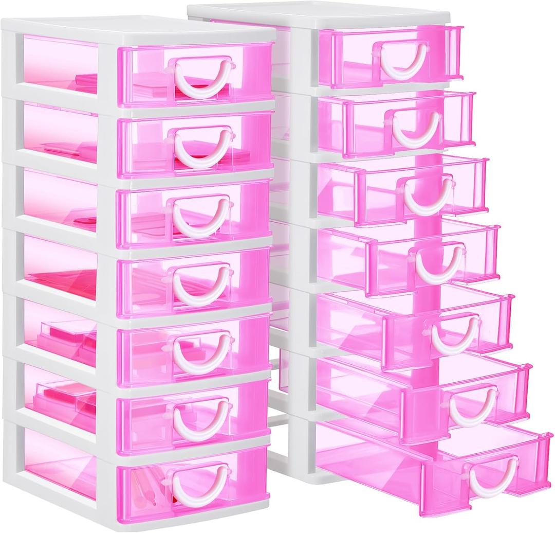Thyle 2 Pcs Plastic Drawers Organizer Mini Organizer Stackable Plastic Clear Drawer Storage Box Containers Storage Units for Desktop Classroom Craft 6.7 x 4.9 x 13.4 inches (Rose Red)