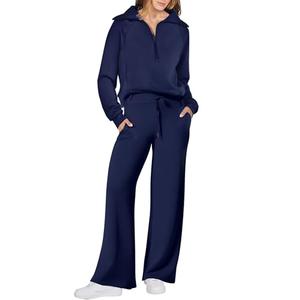 ANRABESS Women 2 Piece Outfits 2025 Fall Fashion Airport Wide Leg Pants Lounge Set Leisure Travel Vacation Clothes Sweatsuits Navy Blue Medium