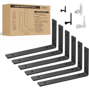 BATODA 10 Heavy Duty Shelf Brackets (6pcs) - L Shelf Brackets Black - Hook Brackets for Floating Shelves - Wall Mounted Support for DIY Open Shelving  Shelving Mounting Hardware Included (Pack 6)