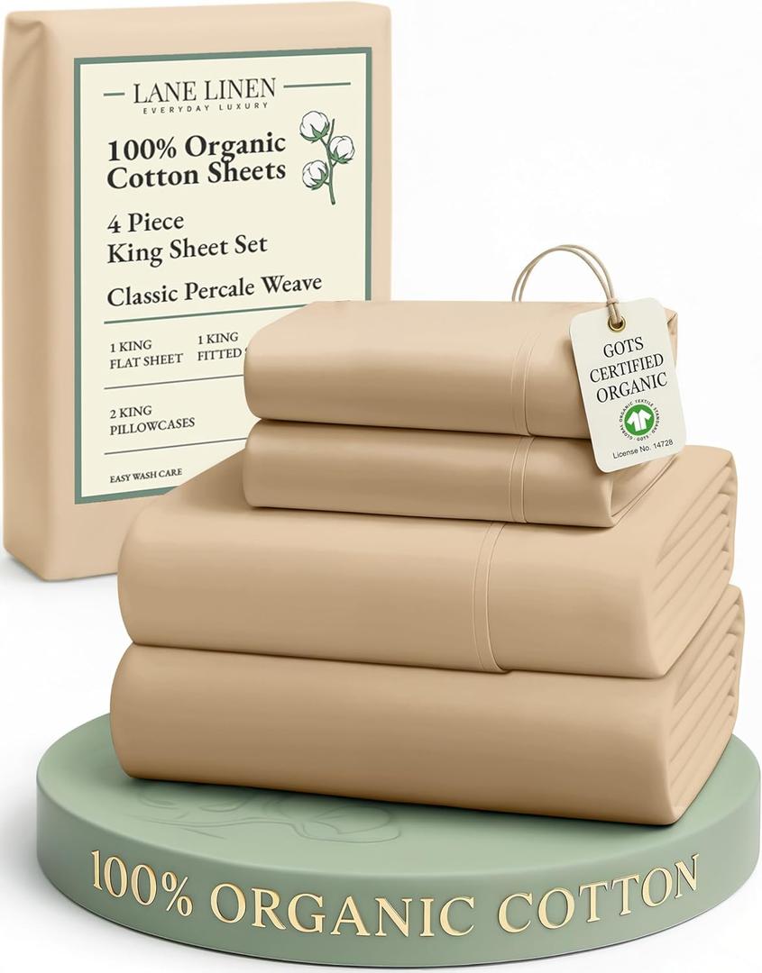 LANE LINEN 100% Organic Cotton Bed Sheets King Size, Fully Elasticized Reinforsed Seams in Fitted Pocket, Machine Washable Naturally Cooling All Season King Sheet Deep Pocket Bedding- Linen
