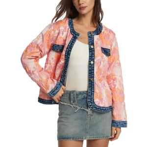 D-Sun Women's Floral Denim Jacket Long Sleeve Cropped Jacquard Jean Jacket Crewneck Button Down Casual Denim Fall Coats