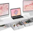 TEAMIX Dual Monitor Stand Riser - Length and Angle Adjustable White Monitor Stand with 2 Drawers to Storage Large Computer Riser for 2 Monitors/Laptop/PC, Wood Screen/TV Stand Desk Organizer (White)