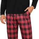 Sykooria Mens Pajamas Set Long Sleeve Soft Sleepwear Cozy Loungewear 2 Piece Comfy Plaid Pjs Set with Pockets (XXL, Black Top & Red Plaid Pant)