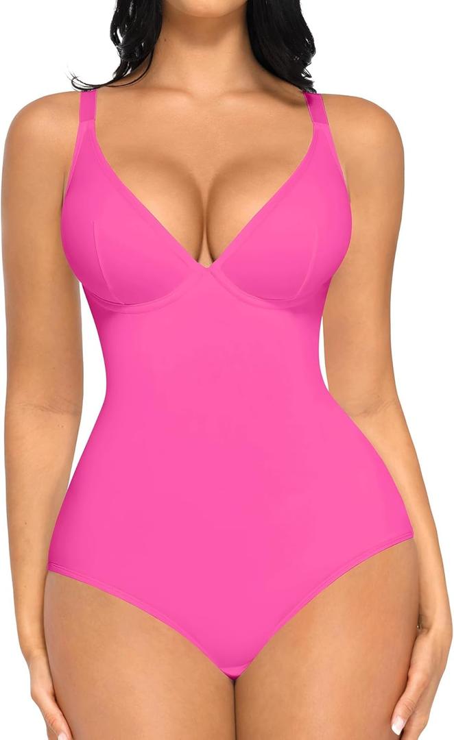 FeelinGirl Shapewear Bodysuits for Women Tummy Control Body Suits Deep V Neck Corset Body Shaper Tops (Large, Pink)