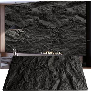 KASARO 3D Faux Stone Wall Panels, 4 PCS PU Wainscoting Panel for Interior Wall Decor, Cement Texture Thicker Accent for Home, Office, 43.3 23.6 inch, Black