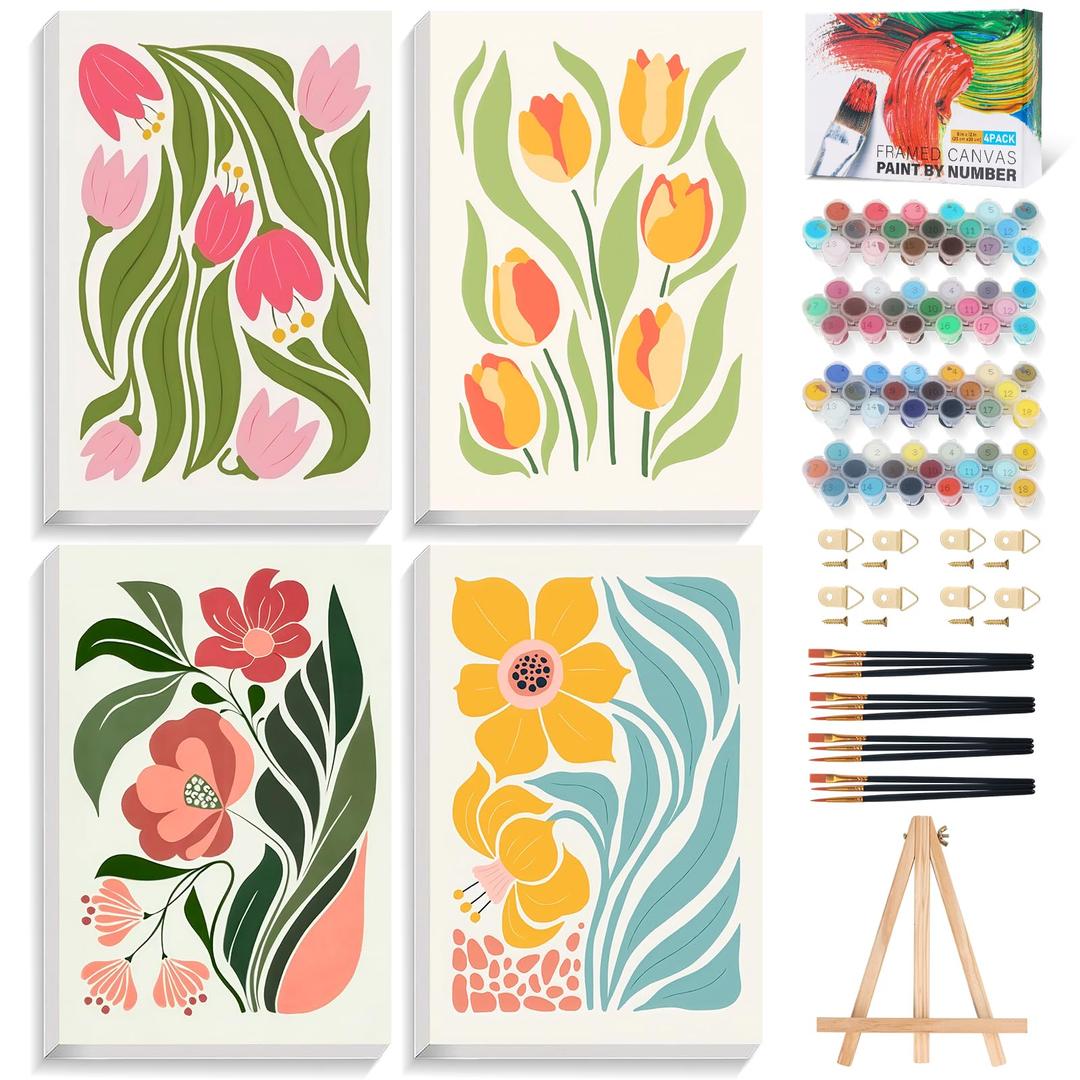 Okarina 4 Pack Paint by Numbers Kit for Adults with Frame National Park, Framed Paint by Number for Adults Beginner with Wooden Easel, DIY Painting by Numbers Canvas Framed for Home Decor 8 x 12 Inch