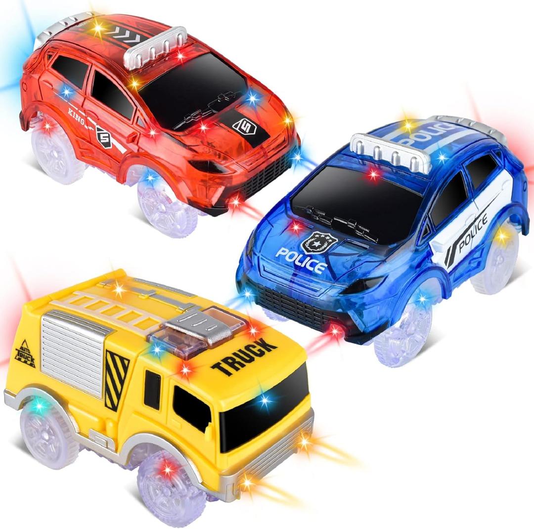 Track Cars Only Replacement Light Up Toy Cars with 5 Flashing LED Lights for Tracks Glow in The Dark, Flex Race Car Track Accessories Compatible with Most Car Tracks for Kids (3 Pack) (Yellow)
