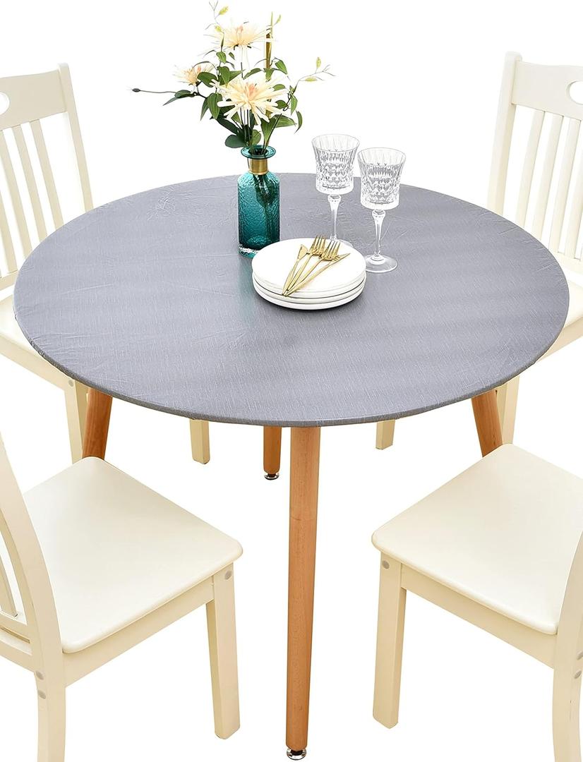 Rally Home Goods Indoor Outdoor Patio Round Fitted Vinyl Tablecloth, Flannel Backing, Elastic Edge, Waterproof Wipeable Plastic Cover in Solid Gray Color for 5-Seat Table of 36-42 Diameter