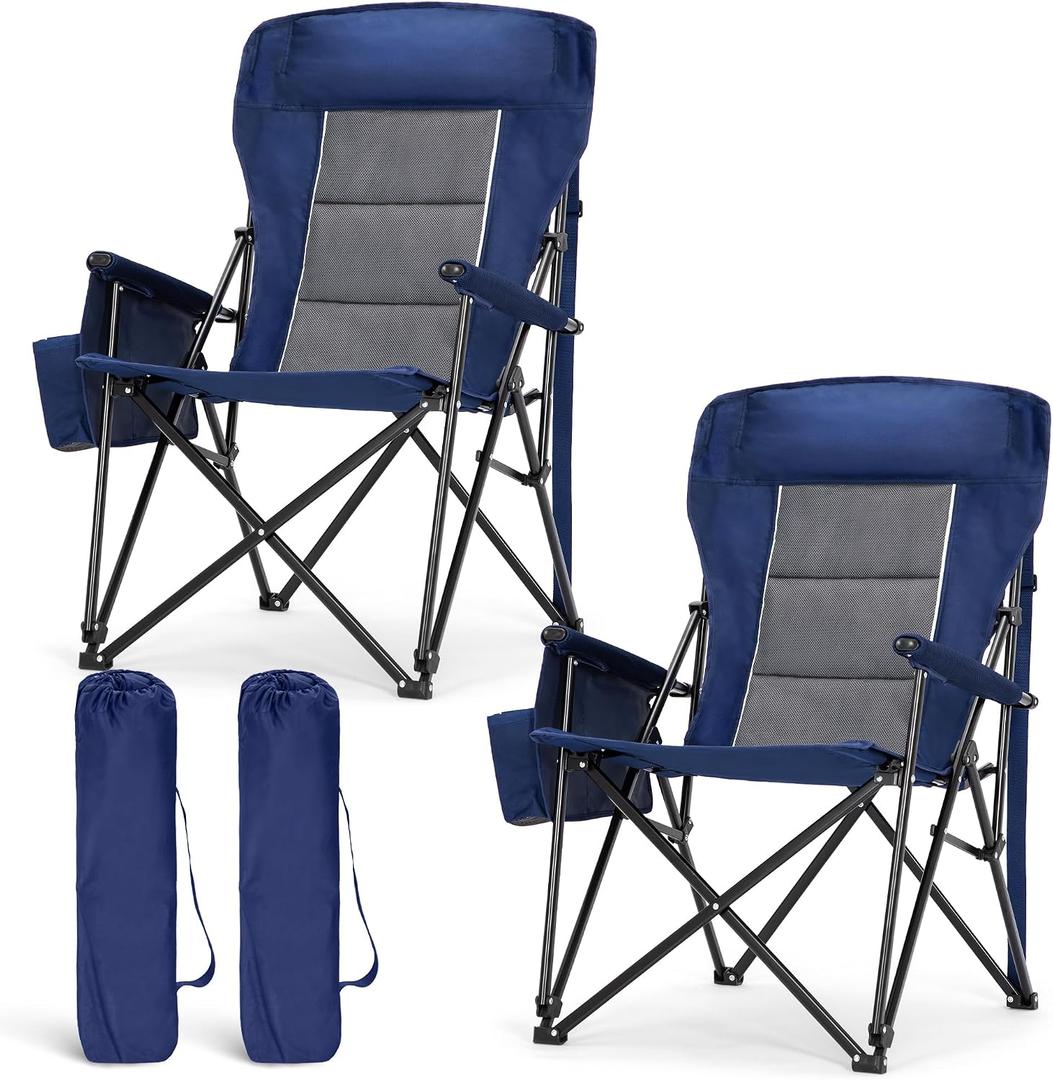 LET'S CAMP Oversized Camping Chairs 29.52" High Back Heavy Duty Lawn Chair Support 500LBS, Portable Collapsible Chair with Cup Holder, Side Pocket,2 Pack(Blue), Twin Pack