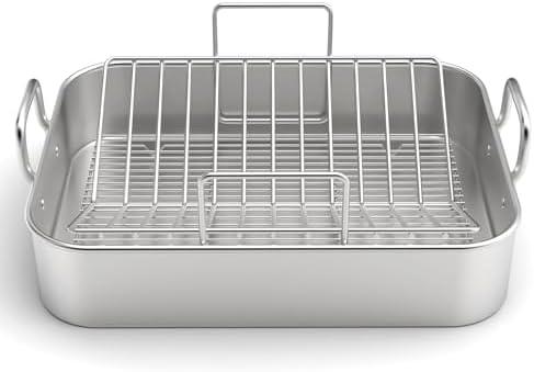 Stainless Steel Roasting Pan, 17*13 Inch Turkey Roaster with Rack - Deep Broiling Pan & V-shaped Rack & Flat Rack, Non-toxic & Heavy Duty, Great for Thanksgiving Christmas Roast Chicken Meat Lasagna