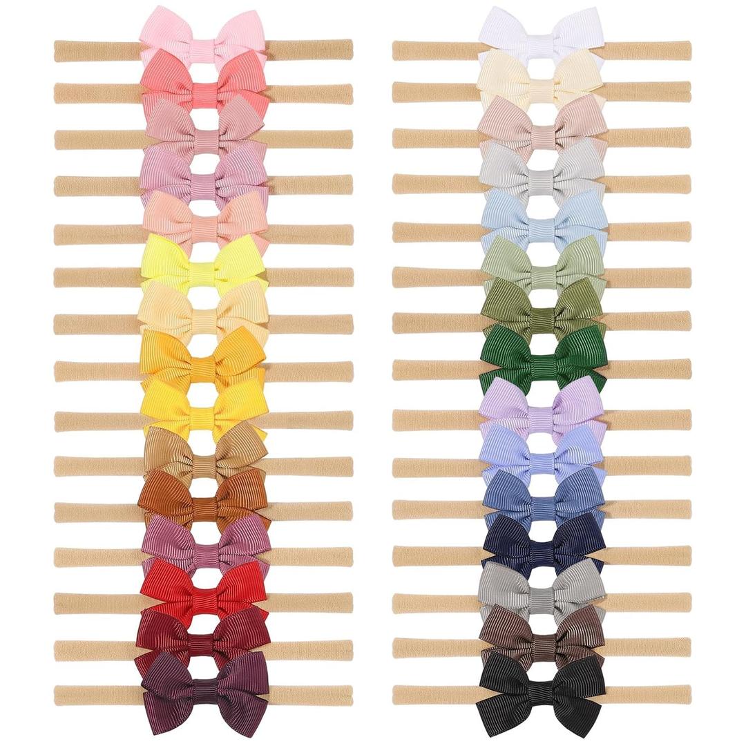 doboi 30PCS Baby Girls Headbands Hair Bows Nylon Grosgrain Ribbon Hairbands Solid Color Handmade Hair Accessories for Newborn Infant Toddlers Little Girl and Kids (Bow Headbands for Baby Girls)