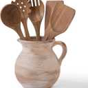 MIYUKI Rustic Kitchen Utensil Holder - 7.6 Inch Ceramic Utensil Crock for Countertop, Vintage Kitchen Counter Decor (Brown)