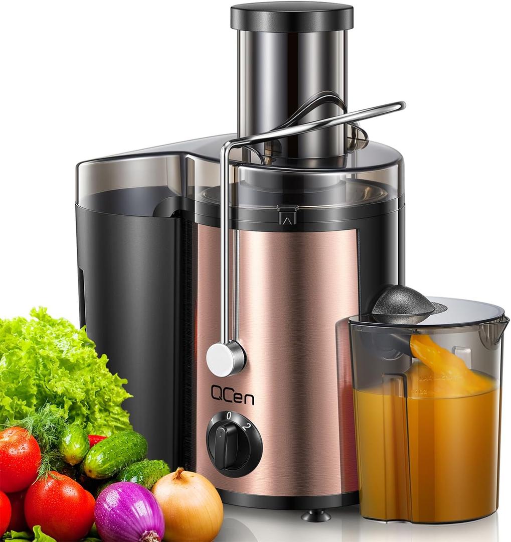 QCen Juicer Machine, 500W Centrifugal Juicer Extractor with Wide Mouth 3 Feed Chute for Fruit Vegetable, Easy to Clean, Stainless Steel, BPA-free (Rose Gold)
