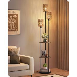 Floor Lamp with Shelves, Boho Floor Lamp with Foot Switch, 3-Light Standing Lamp, for Living Room, Bedroom, Study, Rustic Brown and Yellow YF53LD05
