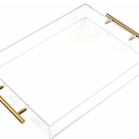 12"x12" Clear Acrylic Serving Tray with Golden Handles, Sturdy Huge Capacity Acrylic Trays for Coffee, Juice, Kitchen and Desk Organizer, Storage Tray (12"x12")