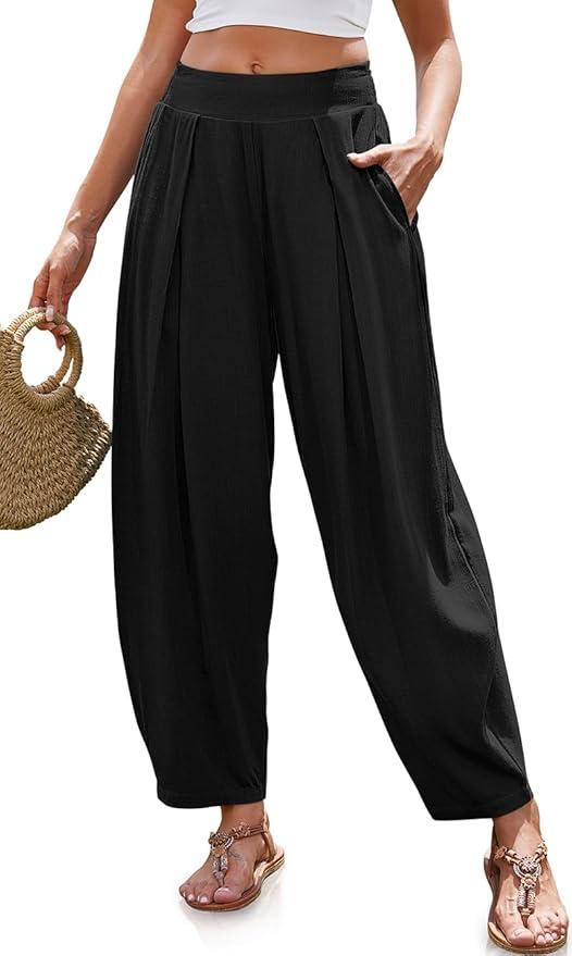 Women’s Linen Harem Pants Loose Fit Boho Pants with Wide Waistband Casual Lounge Trousers for Summer Beach Vacation