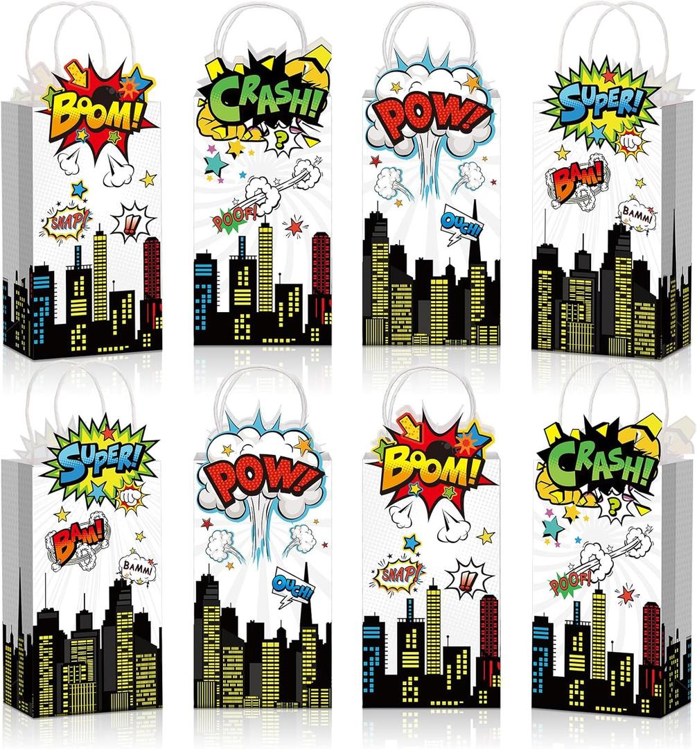 Kolldenn 24pcs Hero Party Favors Bags bulk with Handles Comic Boom Kraft Paper Goodie Gift Bags for Birthday Party Supplies Baby Shower Decorations