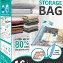 16 Pack Vacuum Storage Bags, Space Saver Bags (2Jumbo/2Large/3Medium/3Small/6Roll) Compression Storage Bags for Comforters and Blankets, Vacuum Sealer Bags for Clothes Storage, Hand Pump Included