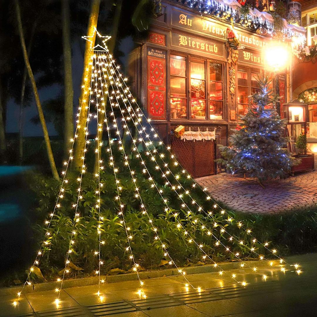 (New) FUNIAO Christmas Decoration Lights, 320 LED Waterfall Christmas Tree Lights with 12" Star Topper, 8 Modes Indoor Outdoor String Lights for Yard, Party, Home, Holiday (Warm White)