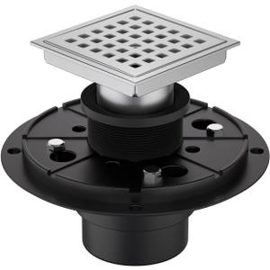 4 Inch Square Shower Floor Drain Brushed Stainless Steel Drain Kit with Flange, Removable Grid Cover, Hair Strainer
