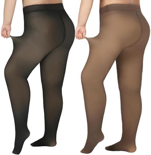 Delcast Plus Size Fleece Lined Tights Women - Fake Translucent Sheer Warm Thermal Pantyhose Leggings for Winter