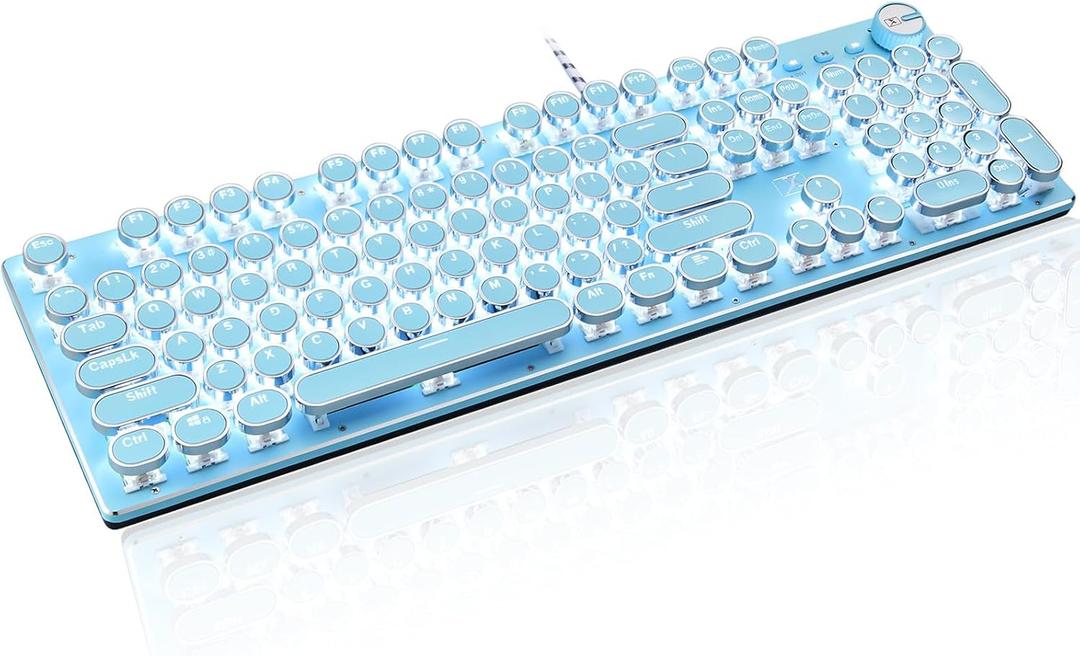 LexonElec Typewriter Style Retro Mechanical Gaming Keyboard, Vintage Steampunk with White LED Backlit, Wired 104-Key Blue Switch Cute Keyboard, Round Keycaps Knob Control for PC/Laptop/Mac (Blue)