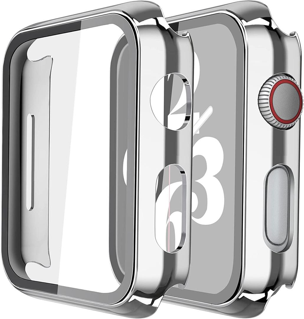 Misxi 2 Pack Hard PC Case with Tempered Glass Screen Protector Compatible with Apple Watch SE 2 (2024) SE Series 6 Series 5 Series 4 44mm, 1 Silver + 1 Transparent